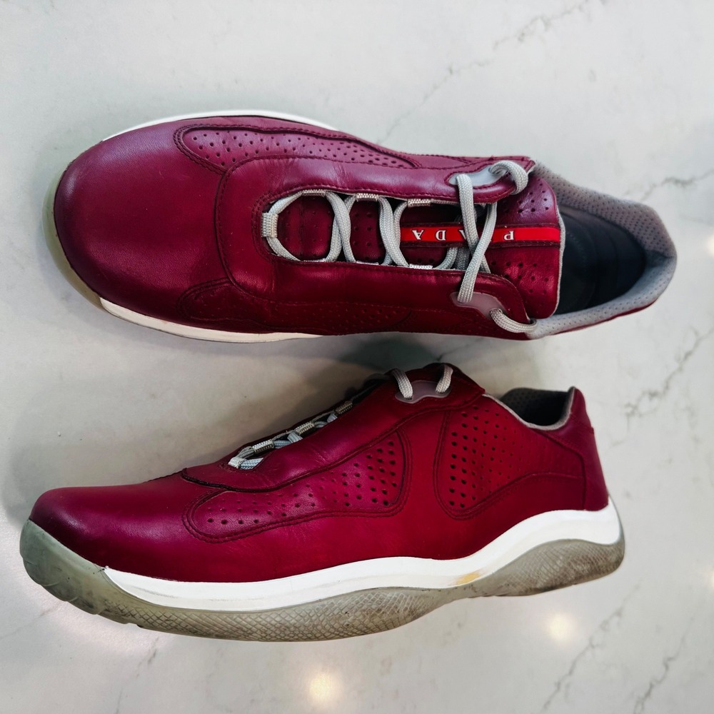 Prada Americas Cup Men 12 Red Leather Sneaker Low Top Trainers Athleisure Sporty - Picture 2 of 14